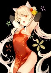 Rule 34 | 1girl, absurdres, animal ear fluff, animal ears, armpits, arms up, black background, black gloves, black thighhighs, blonde hair, breasts, cat ears, china dress, chinese clothes, covered navel, cowboy shot, dampi, dress, elbow gloves, floral background, flower, gloves, hair flower, hair ornament, highres, long hair, looking at viewer, open mouth, red dress, red eyes, red flower, red rose, rose, simple background, small breasts, solo, sweat, thighhighs, twintails, very long hair, white flower, white rose, yellow flower, yellow rose