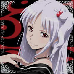 Rule 34 | 1girl, album cover, alternate costume, anime coloring, black background, black dress, blush, choker, cover, dress, hair bobbles, hair ornament, highres, jewelry, long hair, looking at viewer, portrait, red eyes, ribbon, shinki (touhou), side ponytail, silver hair, simple background, smile, solo, swing holic, touhou, touhou (pc-98), tsukimido, upper body