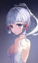 Rule 34 | 1girl, absurdres, ayaka (genshin impact), backless dress, backless outfit, bare shoulders, blue eyes, blunt bangs, blunt tresses, blush, closed mouth, commentary, dress, elbow gloves, genshin impact, gloves, gradient background, grey background, hair ornament, highres, lemontea (ekvr5838), long hair, looking at viewer, looking back, ponytail, solo, strapless, strapless dress, tassel, tassel hair ornament, upper body, white dress, white gloves, white hair