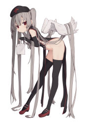Rule 34 | 1girl, absurdly long hair, angel wings, bag, bare shoulders, bent over, black dress, black hat, black thighhighs, closed mouth, detached sleeves, dress, expressionless, from side, full body, grey hair, hair flowing over, hat, highres, holding, holding bag, long hair, long sleeves, looking at viewer, looking to the side, meme attire, no panties, nurse, original, paryi, pelvic curtain, red eyes, red footwear, revealing clothes, shoes, simple background, solo, thighhighs, thighs, twintails, very long hair, white background, wings