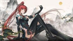 Rule 34 | artist request, bird, boots, china dress, chinese clothes, dress, headband, high heels, highres, leg up, long hair, looking at viewer, mechanical arms, mole, mountain, official art, ponytail, punishing: gray raven, red eyes, red hair, sitting, smile, sun, tree, vera (punishing: gray raven), xtears kitsune