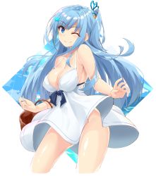 Rule 34 | 1girl, ;), basket, blue eyes, blue hair, breasts, cleavage, contrapposto, cowboy shot, dress, emori miku, hair ornament, halterneck, highres, large breasts, liver city, long hair, looking at viewer, no panties, one eye closed, one side up, shiny skin, shunichi, sidelocks, simple background, smile, solo, standing, strap gap, white dress