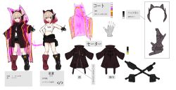Rule 34 | 1girl, absurdres, animal ear headphones, animal ears, asymmetrical footwear, belt, boots, breasts, brown jacket, cat ear headphones, character name, character sheet, color guide, concept art, crop top, cyberlive, fake animal ears, fingerless gloves, full body, furai sen, gloves, headgear, headphones, highres, hooded robe, iekushi chapipi, jacket, mismatched footwear, open mouth, pink eyes, pink hair, platinum blonde hair, pointing, production art, robe, short hair, shorts, simple background, small breasts, standing, variations, virtual youtuber, white background