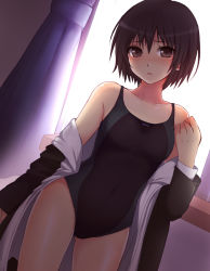Rule 34 | 1girl, amagami, backlighting, bare shoulders, black hair, blush, brown eyes, competition swimsuit, covered navel, curtains, kamanatsu, lunaticmed, nanasaki ai, one-piece swimsuit, short hair, solo, swimsuit, undressing