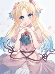 Rule 34 | 1girl, ascot, blonde hair, blue eyes, blush, commentary request, dream believers (love live!), dress, flower, frilled dress, frills, green ascot, hair flower, hair ornament, highres, jewelry, link! like! love live!, long hair, looking at viewer, love live!, medium dress, osawa rurino, palms together, parted bangs, pink dress, shimada (smd dms), short sleeves, sidelocks, smile, solo, twintails, upper body, virtual youtuber