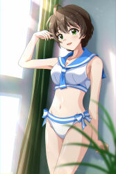 Rule 34 | 1girl, ahoge, arm up, bare shoulders, bikini, blue neckerchief, blue sailor collar, blurry, blurry foreground, blush, braid, breasts, brown hair, cleavage, collarbone, cowboy shot, dot nose, green curtains, green eyes, hair between eyes, highres, idolmaster, idolmaster million live!, idolmaster million live! theater days, indoors, large breasts, light brown hair, looking at viewer, navel, neckerchief, open mouth, plant, potted plant, rocktaso co ltd, sailor bikini, sailor collar, sailor swimsuit (idolmaster), sakuramori kaori, shadow, short hair, side-tie bikini bottom, smile, solo, standing, sunlight, swimsuit, white bikini, window