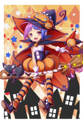 Rule 34 | 1girl, :d, ahoge, bad id, bad pixiv id, broom, broom riding, cape, cat, cross, fang, gradient hair, hair ornament, hairclip, halloween, hat, holding, jack-o&#039;-lantern, looking at viewer, multicolored hair, open mouth, original, purple eyes, riding, shoes, short hair, smile, solo, striped clothes, striped thighhighs, thighhighs, wand, witch hat, yuzu-aki, zettai ryouiki