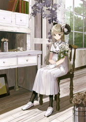 Rule 34 | 1girl, black pantyhose, book, bookshelf, brown eyes, chair, closed mouth, curled horns, desk, dress, flower, full body, gloves, grey eyes, holding, horns, indoors, light brown hair, long dress, long hair, looking at viewer, necktie, noki (affabile), on chair, original, pantyhose, plant, potted plant, shadow, sheep horns, shoes, short sleeves, sitting, solo, table, twitter username, vase, very long hair, white dress, white flower, white footwear, white gloves, window, wooden chair, wooden floor