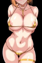 1girl absurdres areola_slip arms_behind_back artist_name atelier_(series) atelier_ryza batta_16-sei bikini black_background breasts brown_hair closed_mouth collarbone commentary_request cowboy_shot earrings facing_viewer gold_bikini head_out_of_frame highres jewelry key key_necklace large_breasts micro_bikini navel necklace pubic_tattoo reisalin_stout simple_background smile solo stomach string_bikini swimsuit tattoo thigh_strap