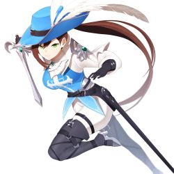 Rule 34 | 1girl, absurdres, black survival, bobby36446329, boots, breasts, brown hair, feathers, fiora pellerin, green eyes, hat, highres, large breasts, musketeer, official alternate costume, pants, ponytail, rapier, simple background, sword, thigh boots, thighhighs, weapon, white background, white pants