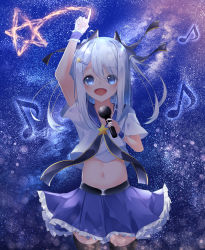 Rule 34 | 1girl, :d, absurdres, arm up, black thighhighs, blue bow, blue eyes, blue sailor collar, blue skirt, bow, commentary request, crop top, eighth note, hair between eyes, hair bow, highres, holding, holding microphone, long hair, microphone, midriff, musical note, navel, night, night sky, open mouth, original, pleated skirt, sailor collar, school uniform, serafuku, shirt, short sleeves, silver hair, skirt, sky, smile, solo, star (sky), star (symbol), starry sky, suisen-21, thighhighs, two side up, white shirt, wrist cuffs