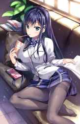 Rule 34 | 1girl, akabei soft 2, arm support, ashitaba kyouko, black hair, black pantyhose, blouse, blue eyes, blush, book, bow, bowtie, breasts, crotch seam, holding, indoors, large breasts, long hair, looking at viewer, lying, official art, on side, oryo (oryo04), oryo classmate collection, panties, panties under pantyhose, pantyhose, pantyshot, pillow, plant, pleated skirt, school uniform, shirt, sidelocks, skirt, solo, sunlight, thighband pantyhose, underwear, white blazer, white panties, white shirt, window