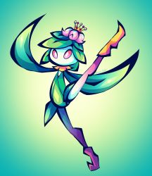 Rule 34 | 1girl, arms up, colored sclera, colored skin, creatures (company), dancing, female focus, fighting stance, flat chest, flower, game freak, giganide, grass, green background, green hair, green skin, hair flower, hair ornament, hand up, hands up, heel up, highres, hisuian lilligant, leaves, monster girl, multicolored skin, nintendo, no mouth, outstretched arms, pink flower, pink sclera, plant girl, pointy footwear, pokemon, pokemon (creature), purple skin, shoes, short hair, sidelocks, split, spread legs, standing, standing on one leg, swept bangs, white eyes, white skin, yellow footwear