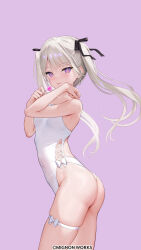 Rule 34 | 1girl, absurdres, artist name, ass, bare arms, bare shoulders, breasts, candy, food, from side, gradient background, highres, holding, holding food, kouhai-chan (mignon), lollipop, long hair, looking at viewer, mignon, navel, original, purple background, purple eyes, see-through, shiny skin, simple background, small breasts, stomach, swimsuit, thigh strap, thighs, twintails, white hair, white swimsuit