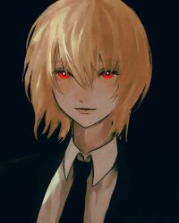 Rule 34 | 1boy, bad id, bad twitter id, black background, black necktie, blonde hair, bright pupils, formal, hair between eyes, highres, hunter x hunter, inuo (inuo x), kurapika, male focus, necktie, parted lips, red eyes, simple background, solo, suit, upper body, white pupils