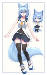 Rule 34 | 1girl, :d, ;), animal ear fluff, animal ears, bare arms, black skirt, black tank top, black thighhighs, blue eyes, blue hair, blush, breasts, chibi, cleavage, closed mouth, collarbone, covered navel, fox ears, fox girl, fox tail, hair between eyes, hair ornament, hairclip, jacket, medium breasts, one eye closed, open mouth, original, pleated skirt, shoes, skirt, sleeveless, sleeveless jacket, smile, surume aburi, tail, tank top, thighhighs, white footwear, white jacket