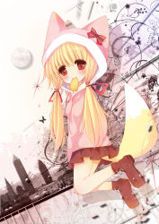 Rule 34 | 1girl, aburaage, animal hood, blonde hair, blush, cat hood, catbell, food, fox tail, highres, hood, mouth hold, original, red eyes, skirt, solo, tail, twintails