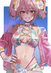 Rule 34 | 1girl, blush, breasts, earrings, fingerless gloves, gloves, hair ornament, hand on own hip, haruyuki (gffewuoutgblubh), highres, idolmaster, idolmaster cinderella girls, jewelry, jougasaki mika, looking at viewer, medium breasts, navel, open mouth, pink hair, short hair, solo, twintails, yellow eyes