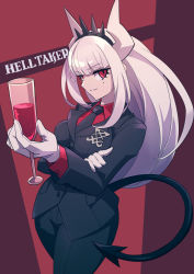 Rule 34 | 1girl, alcohol, arm under breasts, black jacket, black necktie, black pants, blunt bangs, breasts, business suit, champagne flute, chingisu, collared shirt, crossed arms, crown, cup, demon girl, demon horns, demon tail, drinking glass, formal, gloves, helltaker, horns, jacket, long hair, looking at viewer, lucifer (helltaker), medium breasts, mole, mole under eye, monster girl, necktie, pants, red eyes, red shirt, shirt, simple background, smile, solo, suit, tail, tsurime, very long hair, white gloves, white hair, wine, wine glass