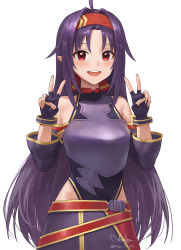Rule 34 | 1girl, :d, ahoge, armor, bare shoulders, black gloves, blush, breastplate, commentary request, detached sleeves, double v, fingerless gloves, gloves, hair intakes, hairband, hands up, headband, highres, long hair, long sleeves, looking at viewer, nhaliz, open mouth, pointy ears, purple armor, purple hair, red eyes, red hairband, simple background, smile, solo, sword art online, v, very long hair, white background, yuuki (sao)