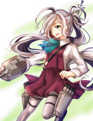 Rule 34 | 10s, 1girl, ahoge, asashimo (kancolle), boots, bow, bowtie, clenched hand, grey eyes, grey hair, grey pantyhose, kantai collection, leg up, long hair, long sleeves, multicolored hair, pantyhose, ponytail, purple skirt, school uniform, skirt, solo, two-tone hair, very long hair, x na