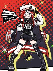 Rule 34 | animal ears, asymmetrical legwear, black gloves, black shorts, blue eyes, bow, coat, coat on shoulders, gloves, grin, hakos baelz, hakos baelz (4th costume), hand on own hip, hat, highres, hololive, hololive english, military hat, mismatched legwear, mouse ears, mouse tail, multicolored hair, red hair, shorts, smile, snowone 1, streaked hair, suspender shorts, suspenders, tail, tail bow, tail ornament, virtual youtuber