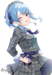 Rule 34 | 1girl, ;), ascot, bad id, bad twitter id, belt, belt buckle, beret, blue ascot, blue belt, blue eyes, blue hair, blue ribbon, blush, breasts, buckle, cowboy shot, eyes visible through hair, floating hair, grey hat, grey shirt, grey skirt, hair ribbon, hand on own hip, hat, highres, hololive, hoshimachi suisei, hoshimachi suisei (1st costume), izumi kei, long hair, long sleeves, looking at viewer, medium breasts, one eye closed, one side up, open mouth, plaid, plaid headwear, plaid shirt, plaid skirt, ribbon, shirt, signature, simple background, skirt, smile, solo, standing, virtual youtuber, white background