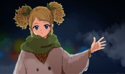 Rule 34 | 1girl, aikatsu!, aikatsu! (series), alternate costume, blonde hair, blue eyes, blurry, blurry background, bokeh, brown coat, coat, depth of field, expressionless, green ribbon, green scarf, hair ribbon, hand up, highres, light particles, long sleeves, looking at viewer, open hand, orange sweater, osouzai-kun, parted lips, ribbon, saegusa kii, scarf, short hair, short twintails, solo, sweater, twintails, upper body