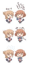 Rule 34 | 10s, 2girls, :d, ^ ^, black legwear, brown hair, closed eyes, comic, commentary, dress, closed eyes, fang, flying sweatdrops, folded ponytail, gale kawaii, hair ornament, hairclip, highres, ikazuchi (kancolle), inazuma (kancolle), kantai collection, long hair, multiple girls, neckerchief, open mouth, ponytail, sailor collar, sailor dress, short hair, simple background, skin fang, sleeves past wrists, smile, tearing up, tears, translated, tupet, wavy mouth, aged down