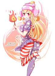 Rule 34 | 1girl, american flag dress, american flag legwear, ass, blonde hair, breasts, clownpiece, dress, covered erect nipples, fire, furim, hat, highres, jester cap, long hair, looking back, medium breasts, microdress, neck ruff, pantyhose, perky breasts, pink eyes, polka dot, simple background, solo, star (symbol), star print, striped, torch, touhou, white background