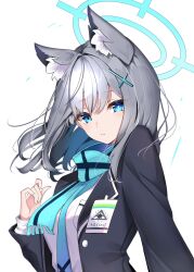 Rule 34 | 1girl, animal ear fluff, aqua necktie, aqua scarf, black coat, blue archive, blue eyes, blue halo, bright pupils, closed mouth, coat, commentary request, cropped arm, cross, cross hair ornament, grey hair, hair ornament, halo, hand up, highres, id card, inverted cross, long sleeves, looking at viewer, mismatched pupils, necktie, scarf, shiroko (blue archive), shirt, short hair, simple background, solo, upper body, white background, white pupils, white shirt, yuanagae