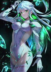 Rule 34 | 1girl, absurdres, boots, breasts, colored inner hair, covered navel, cropped jacket, crystal, crystal hair, fate/grand order, fate (series), gloves, green eyes, green hair, highres, jacket, juliet sleeves, kukulkan (fate), kukulkan (second ascension) (fate), large breasts, leotard, long hair, long sleeves, looking at viewer, multicolored hair, one heart1201, puffy sleeves, shrug (clothing), sideless outfit, sidelocks, solo, thigh boots, thighs, white footwear, white gloves, white hair, white jacket, white leotard