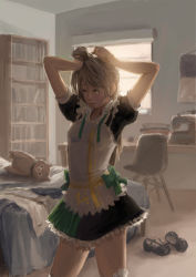 Rule 34 | 10s, 1girl, adjusting hair, arms up, bed, bed sheet, bedroom, black dress, black footwear, bookshelf, bow, breasts, chair, closed mouth, cowboy shot, desk, dress, frills, green bow, grey hair, hand in own hair, highres, indoors, lia marin, long hair, love live!, love live! school idol project, maid, mary janes, medium breasts, minami kotori, puffy short sleeves, puffy sleeves, sewing machine, shoes, unworn shoes, short hair, short sleeves, small breasts, solo, standing, stuffed alpaca, stuffed animal, stuffed toy, sunlight, thighhighs, white thighhighs, window, yellow eyes, zettai ryouiki
