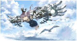 Rule 34 | 1girl, bird, cat, cloud, day, flying, imoman, looking at viewer, mechanical arms, original, outstretched arms, overalls, sandals, single mechanical arm, sky, solo, spread arms