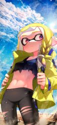 Rule 34 | 1girl, agent 3 (splatoon 3), blonde hair, blue sky, braid, breasts, cloud, cloudy sky, crop top, day, desert, eyebrow cut, highres, inkling, inkling girl, inkling player character, jacket, kashu (hizake), midriff, nintendo, open clothes, open jacket, outdoors, pants, pointy ears, red eyes, side braid, sky, small breasts, solo, splatoon (series), splatoon 3, sunlight, sweat, tentacle hair, torn clothes, torn pants, yellow jacket, yoga pants