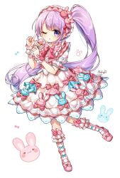 Rule 34 | 1girl, absurdres, blunt bangs, blush, bow, collared dress, dress, frilled dress, frilled hairband, frilled socks, frills, full body, hair ornament, hairband, hands up, highres, holding, holding microphone, index finger raised, light purple hair, lolita fashion, lolita hairband, long hair, looking at viewer, manaka non, mary janes, microphone, one eye closed, open mouth, pink bow, pink dress, pink footwear, pink hairband, pretty series, pripara, pudding (skymint 028), puffy short sleeves, puffy sleeves, purple eyes, rabbit hair ornament, shoes, short sleeves, side ponytail, signature, socks, solo, sweet lolita, very long hair, white background, white socks, wrist cuffs