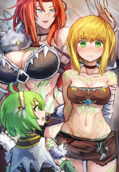 Rule 34 | 3girls, abs, absurdres, ahoge, alternate costume, arm tattoo, arms behind back, bandaged arm, bandages, bare shoulders, bikini, black bikini, black choker, blonde hair, blue eyes, blush, breasts, brown skirt, brown tube top, capelet, chest tattoo, choker, cleavage, closed mouth, collarbone, commentary request, commission, duel monster, fur trim, green eyes, green hair, groin, hair between eyes, hairband, hatano kiyoshi, highres, large breasts, leg tattoo, looking at another, looking at viewer, medium breasts, midriff, miniskirt, multiple girls, navel, nose blush, open mouth, partial commentary, pelt, pixiv commission, red hair, rookie warrior lady, scar, scar on face, scar on nose, short hair with long locks, sidelocks, skirt, smile, standing, stomach tattoo, strapless, sweat, swimsuit, tattoo, tube top, vambraces, war rock skyler, war rock wento, white capelet, white hairband, yu-gi-oh!