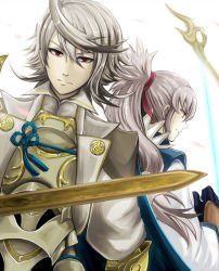Rule 34 | 2boys, armor, back-to-back, blue cape, bow (weapon), cape, corrin (fire emblem), corrin (male) (fire emblem), corrin (male) (fire emblem), dutch angle, fire emblem, fire emblem fates, hypertrampo, long hair, male focus, multiple boys, nintendo, petals, ponytail, red eyes, silver hair, simple background, sword, takumi (fire emblem), weapon, white background