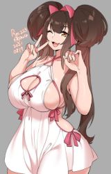 Rule 34 | 1girl, :3, agawa ryou, artist name, bare shoulders, blunt bangs, bow, breast cutout, breasts, brown hair, cleavage, collarbone, commentary, cowboy shot, dated, dress, english commentary, fang, grey background, hair bow, hair ornament, hair ribbon, hands up, huge breasts, long hair, numbered, one eye closed, open mouth, original, pink bow, ribbon, sideboob, sidelocks, simple background, skindentation, sleeveless, smile, solo, twintails, v, very long hair, w arms, white dress, wide hips, yellow eyes