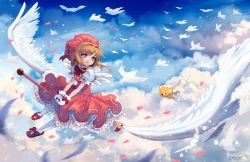Rule 34 | 1girl, :d, absurdres, antenna hair, bird, blue sky, bow, brown hair, cardcaptor sakura, cloud, day, dress, feathers, flying, gloves, green eyes, hat, highres, holding, kero (cardcaptor sakura), kinomoto sakura, looking at another, looking to the side, magical girl, open mouth, outdoors, pantyhose, petals, pink headwear, puffy short sleeves, puffy sleeves, red bow, red footwear, shianebulae, short hair, short sleeves, sky, smile, white gloves, white pantyhose, white wings, wings