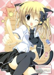Rule 34 | 1girl, ;d, absurdres, animal ears, black thighhighs, blonde hair, candy, cat ears, cat girl, cat tail, commentary, female focus, food, hair ribbon, highres, korie riko, legs, necktie, one eye closed, open mouth, original, ribbon, school uniform, sign, skirt, smile, solo, tail, thighhighs, uniform, wink, yellow eyes