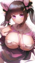 Rule 34 | 1girl, animal ears, arm under breasts, bell, bikini, bow, breasts, breasts out, brown hair, cat ears, choker, cleavage, destiny child, hair bow, highres, large breasts, long sleeves, looking at viewer, meme attire, midriff peek, pakhet (destiny child), pink eyes, short shorts, shorts, sprinkles, sweater, swimsuit, thigh gap