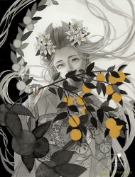 Rule 34 | 1girl, covering own mouth, floating hair, flower, food, fruit, hair flower, hair ornament, hand up, highres, japanese clothes, kimono, leaf, long hair, looking at viewer, nail polish, original, plant, print kimono, solo, spot color, white flower, yamanashi mashiro, yellow nails
