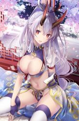 Rule 34 | 1girl, :d, akatsuki hijiri, breasts, cherry blossoms, cleavage, commentary, commentary request, fate/grand order, fate (series), fingerless gloves, gloves, head tilt, highres, horns, large breasts, long hair, looking at viewer, mitsudomoe (shape), navel, oni horns, open mouth, ponytail, purple gloves, red eyes, silver hair, smile, solo, thighhighs, tomoe (symbol), tomoe gozen (fate), tomoe gozen (swimsuit saber) (fate), tomoe gozen (swimsuit saber) (third ascension) (fate)