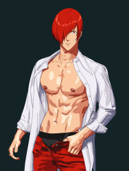 Rule 34 | 1boy, abs, dark background, highres, male focus, muscular, muscular male, nipples, red eyes, red hair, sexyanimes, shirt, standing, the king of fighters, underwear, yagami iori