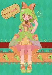 Rule 34 | 1girl, argyle, argyle background, argyle clothes, blunt bangs, bow, caterpie, center frills, character name, creatures (company), dated, dress, english text, frills, full body, game freak, gen 1 pokemon, green dress, green footwear, green hair, hair bow, hair ornament, highres, looking at viewer, moemon, narumame, nintendo, open mouth, orange eyes, pastel colors, personification, pokedex number, pokemon, pokemon (creature), puffy short sleeves, puffy sleeves, shoes, short hair, short sleeves, smile, speech bubble, standing, striped, striped background