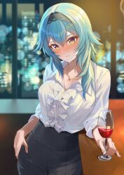 Rule 34 | 1girl, alternate costume, black hairband, black pants, blue hair, blush, center frills, chakuma (yiyh1468), city lights, closed mouth, commentary request, contemporary, cup, drinking glass, eula (genshin impact), frills, genshin impact, hair between eyes, hairband, highres, holding, holding cup, indoors, jewelry, lace-trimmed hairband, lace trim, long hair, long sleeves, looking at viewer, necklace, office lady, pants, shirt, solo, white shirt, yellow eyes