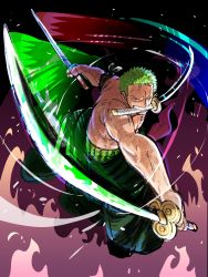 Rule 34 | 1boy, abs, armband, attack, biceps, clenched teeth, dual wielding, fire, glowing, glowing sword, glowing weapon, highres, holding, holding sword, holding weapon, jumping, large pectorals, male focus, muscular, muscular male, navel, nipples, official art, one piece, pectorals, roronoa zoro, scar, scar across eye, scar on chest, scar on face, solo, sweatdrop, sword, teeth, topless male, weapon