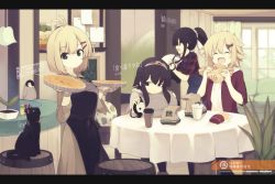 Rule 34 | 4girls, :d, ^ ^, ahoge, apron, barrel, bird, black eyes, black hair, blonde hair, blush, burger, cafe, cat, closed eyes, closed mouth, coffee cup, cup, disposable cup, eating, food, french fries, green eyes, hair flaps, hair ornament, hairband, hood, hoodie, indoors, letterboxed, long sleeves, multiple girls, natsuki teru, nekomiya ryuu, open clothes, open hoodie, open mouth, original, overalls, penguin, plant, ponytail, potted plant, shikibe ayaka, siblings, sidelocks, sisters, sitting, smile, standing, tart (food), x hair ornament