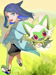 Rule 34 | 1girl, :d, absurdres, aqua eyes, black hair, coat, commentary request, cowlick, creatures (company), day, eyelashes, game freak, grass, green coat, hair ornament, hairclip, highres, jo ske, liko (pokemon), looking at viewer, nintendo, open clothes, open coat, open mouth, outdoors, pokemon, pokemon (anime), pokemon (creature), pokemon horizons, shirt, shoes, shorts, smile, sprigatito, standing, watermark